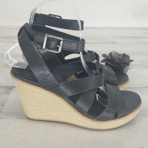 Timberland Black Leather Wrap Around Ankle Strap Adjustable Espadrilles Wedge